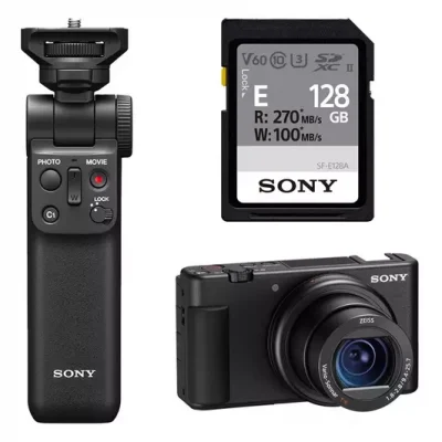 SONY ZV-1 High Performance Compact Vlogging Camera, GP-VPT2BT Shooting Grip & SD Card Bundle