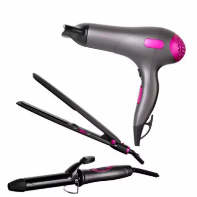 CARMEN Neon C81128 Hair Dryer, Straightener & Curling Tong Set – Grey, Purple & Black