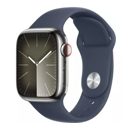 APPLE Watch Series 9 Cellular – 41 mm Silver Stainless Steel Case with Storm Blue Sports Band, M/L