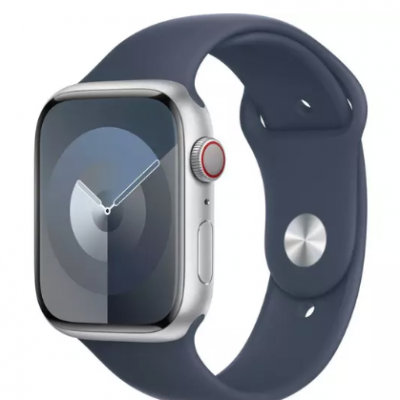APPLE Watch Series 9 Cellular – 45 mm Silver Aluminium Case with Storm Blue Sport Band, M/L